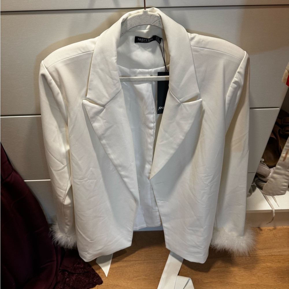 Nasty Gal Ivory Blazer with Faux Fur Cuffs